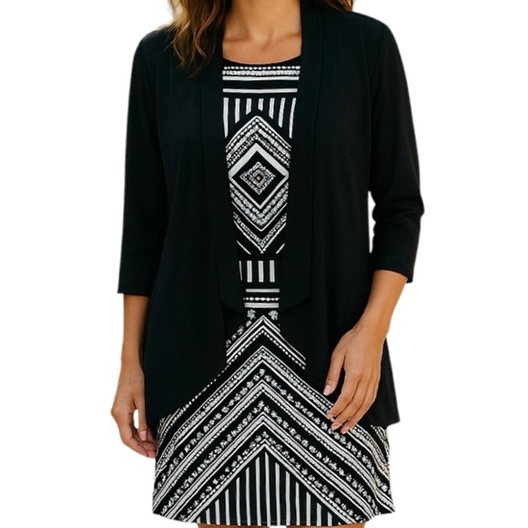 R & M RICHARDS Dress with attached cardigan Geometric print Size 14 Like new - Picture 1 of 9